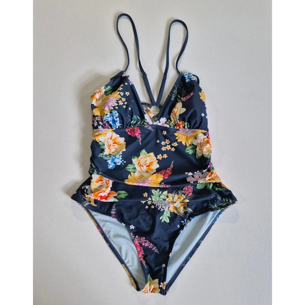 Cupshe Womens‎ Navy Floral Ruched V-Neck One Piece Swimsuit Cutout Back Size XL